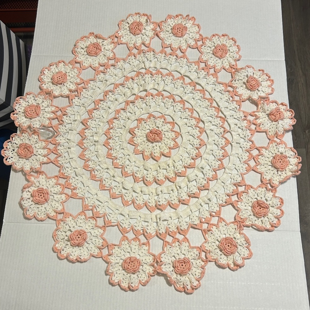 Crochet Floral Doily in Cream and Pale Pink